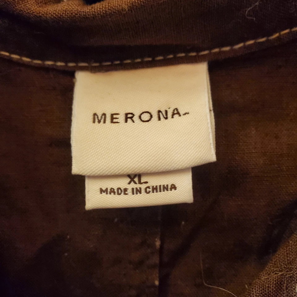 Vestido Camisa Merona Mujer Completo Frontal Botones Bolsillos Enrollables Talla XL Marrón Lino  Foto 4 de 4
