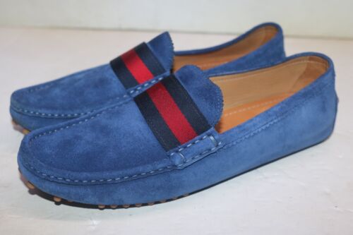 Authentic GUCCI 304763 Blue Suede Signature Web Driver Loafers 8.5 UK= 9 US - Picture 2 of 13