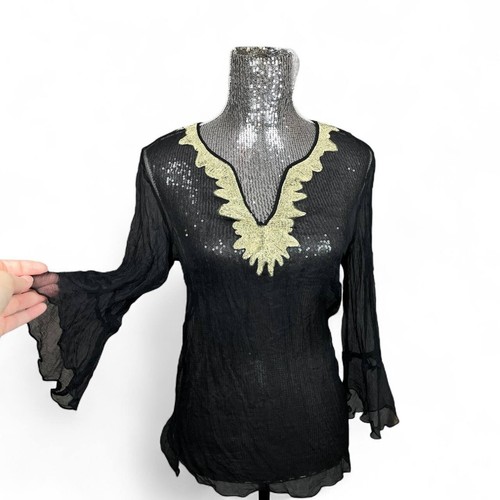 Whimsigoth Romantic Silk Sheer Flare Sleeve Scalloped Top Medium Witchy Gothic - Picture 2 of 6