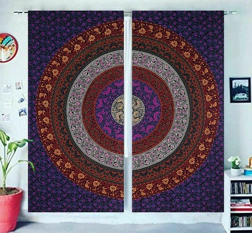 Indian Purple Floral Mandala Curtain Set Window Drapes Panel Tapestry Room Decor - Picture 3 of 8