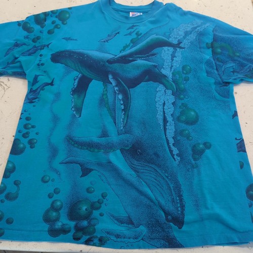 Vtg Hanes Beefy Whale Dolphin XL All Over Print Bar Harbor Maine Single Stitch - Picture 1 of 13