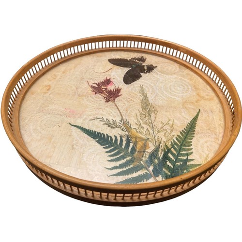 BAMBOO ROUND SERVING TRAY w/COASTER SET GLASS TOP REAL BUTTERFLY DRIED FLOWER - Picture 8 of 8