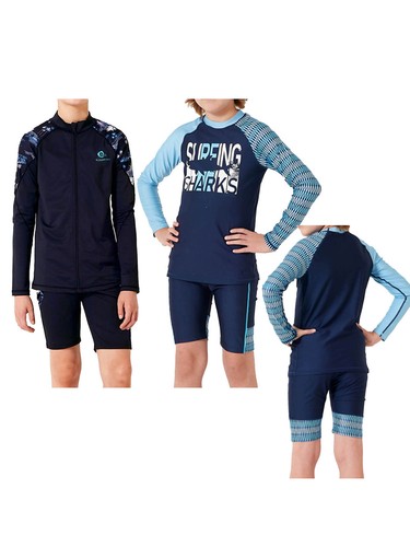Boys Outfits Seaside Swimsuit Summer Tracksuits Zip Up Wetsuit Swim Cap UPF50+ - Picture 2 of 33