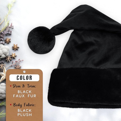 All Black Santa Hat Faux Fur Black Trim Gothic Xmas Accessory Goth Christmas Hat - Picture 5 of 11