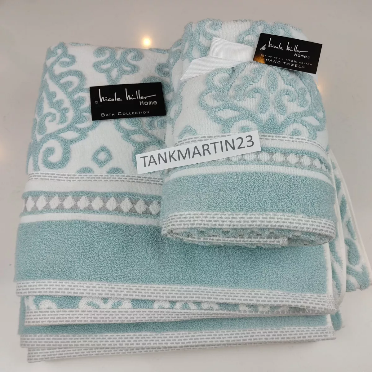 Nicole Miller 2 Bath 2 Hand Green Bathroom Towels Set 0f 4 New