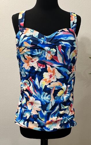 Holipick Swim Tankini Top Womens XL Blue Floral Twist Front Built-In-Bra NWT