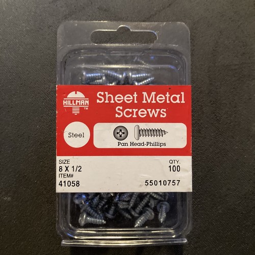 Hillman 41058 Size 8x1/2 Pan Head Phillips Sheet Metal Screws, Steel, qty 100
