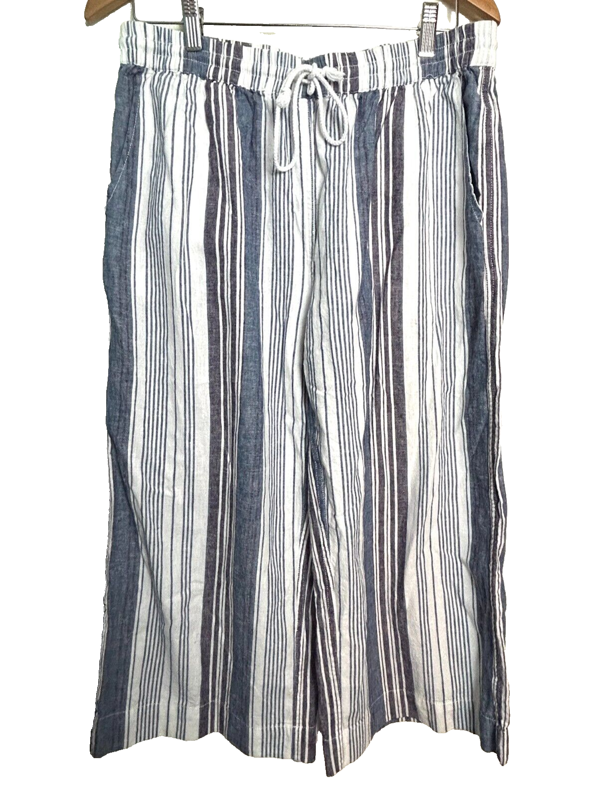Beach Lunch Lounge Womens M Linen Blend Wide Leg Crop Pants Striped Tie Pockets