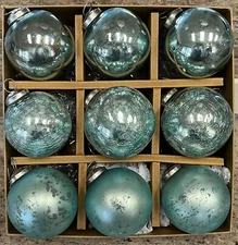 Tinsel and Fir Aqua Blue Kugel Style Glass Heavyweight Christmas Ornaments Set 9