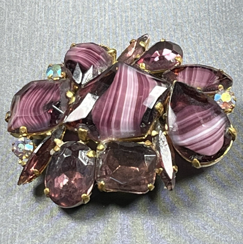 Vtg GIVRE Purple White Striped Rhinestone Abstract Pin Brooch Aurora Borealis AB