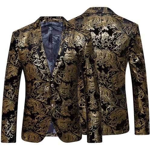 Luxury Men Gold Foil Print Velvet Suit Blazer Jacket Coat Slim Dinner Prom Party