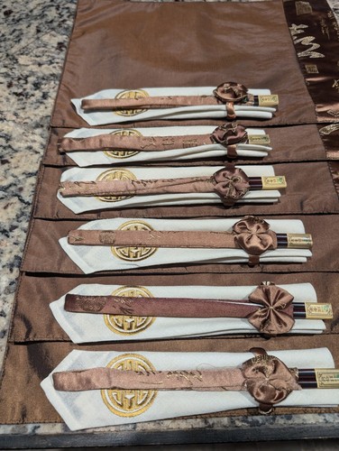 Set of 6 Oriental Dark Brown Silk Dining Table Placemats, Napkins & Chopsticks - Picture 4 of 11