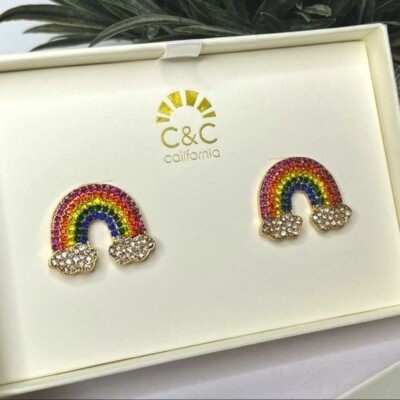 Rainbow Rhinestone Pierced Post Earrings Gold C&C California New in Box