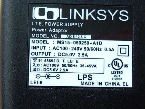 Linksys AC Adapter Power Supply AD5/2.5C 5V 2.5A Camera Print Server FREE SHIP - Picture 2 of 5