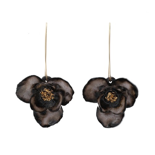 Handmade "Black Swan" Porcelain 6 Leaf Medium 1.6" Flower Dangle Drop Earrings - Picture 1 of 2