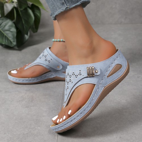 Womens Ladies Flip Flops Sandals Summer Open Toe Wedge Beach Mules Shoes Size UK - Picture 20 of 32