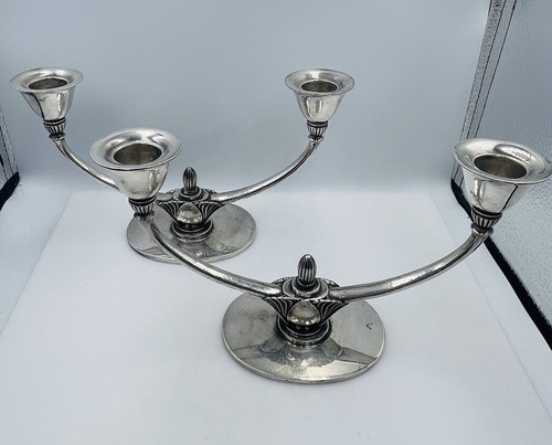 Georg Jensen Denmark Antique Pair Sterling Silver Candlesticks Candelabras 673A - Picture 6 of 9