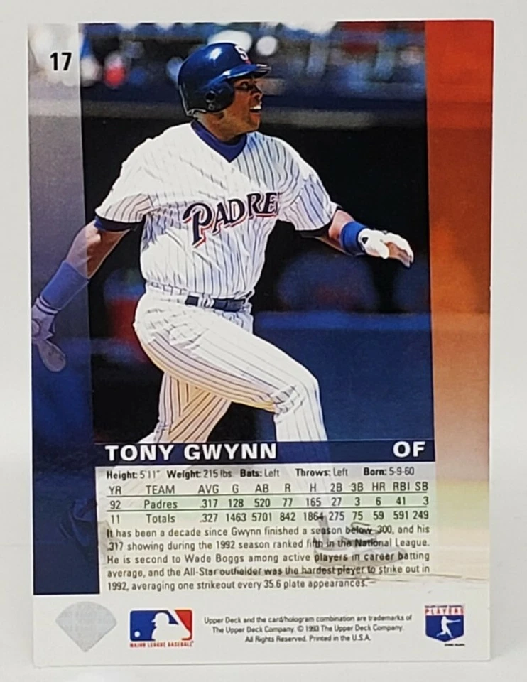 1993  Upper Deck Diamond Gallery San Diego Padres Baseball Card #17 Tony Gwynn - Image 2 of 2