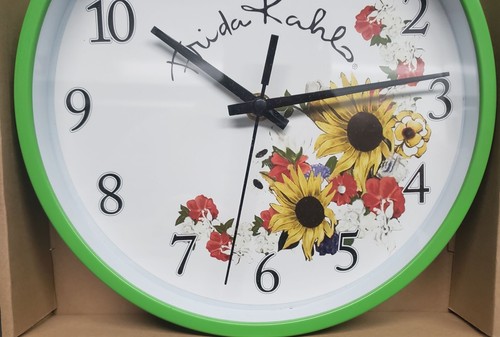 Plastic Decorative Wall Clock (9" Dia.) SUNFLOWERS & OTHER FLOWERS,green rim,FHI - Picture 7 of 13