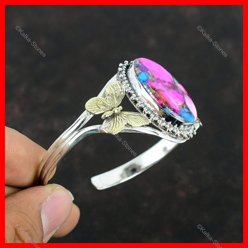 Natural Kingman Pink Dahlia Turquoise Stone 18K Gold Plated Silver Wife Bangle - Picture 5 of 6