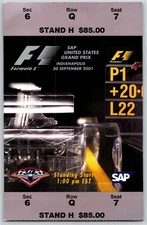 2001 F1 SAP Grand Prix Ticket Stub Indianapolis IMS Race Formula One Racing 