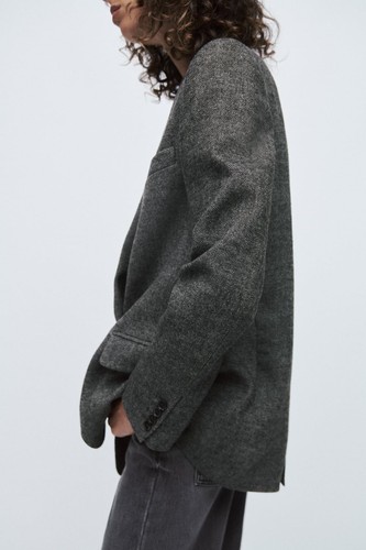 ZARA ANTHRACITE GREY WOOL BLEND HERRINGBONE BLAZER SIZE M - Picture 7 of 19