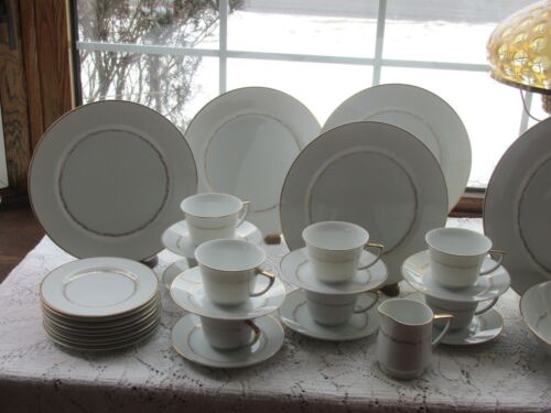 48 PCS LINDEN CHINA ANITA PAT GOLD & WHITE DINNER SET +SERVING PIECES SERVES 8 - Picture 2 of 11