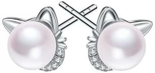 Cat Earrings For Girls Freshwater Pearl Earrings Sterling Silver Stud Earrings - Bild 5 von 7