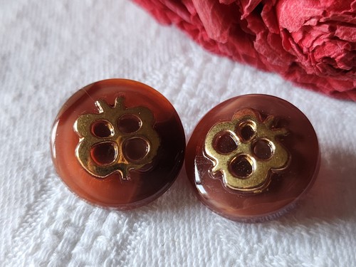 Duo boutons anciens en verre marron laiteux vintage 1,7 cm D6J - Picture 2 of 5