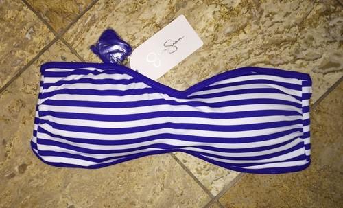 NWT $70 Jessica Simpson Swimsuit Blue Nautical Striped Bandeau Bikini Top Womens - Picture 1 of 2