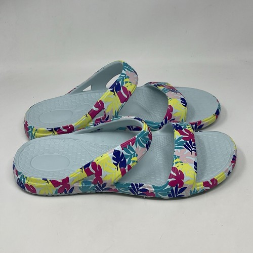 Spenco Fusion Slides Sandals Womens 8 Blue Floral Orthotic Double Strap Comfort - Picture 3 of 13