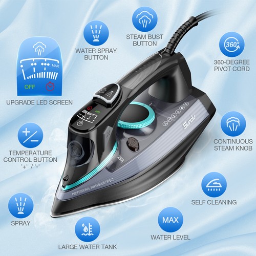1700 Watt Steam Iron for Clothes - Nonstick Ceramic Sole Plate, 300ml Water Tank - Picture 3 of 7