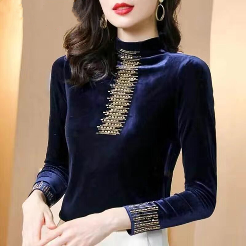 Camicia donna velluto basic finto collo manica lunga fondo slim pullover top chic - Foto 5 di 16