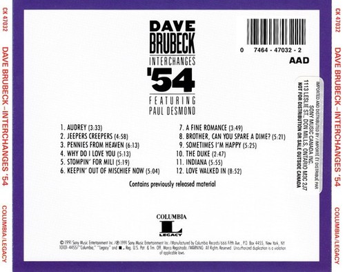 Dave Brubeck mit Paul Desmond - Interchanges '54 (CD, Comp, Mono, RM, DAD) - Bild 2 von 5