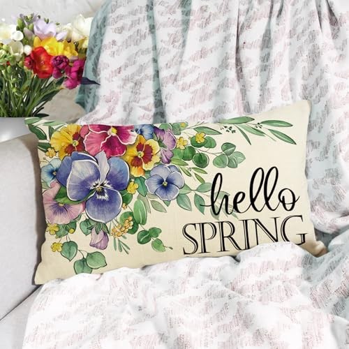Hello Spring Lumbar Decorative Rectangle Pillow Cover 12 x 20, Pansy Flower - Picture 4 of 6