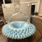 Fenton Blue Hobnail Hand Blown Art Glass Decorative Basket with Clear Handle