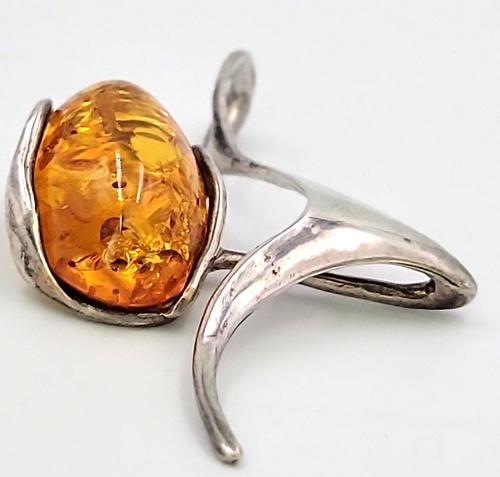 Modernist Free-form Style Silver Metal & Large Oval Amber Pendant Unmarked  - Picture 6 of 15