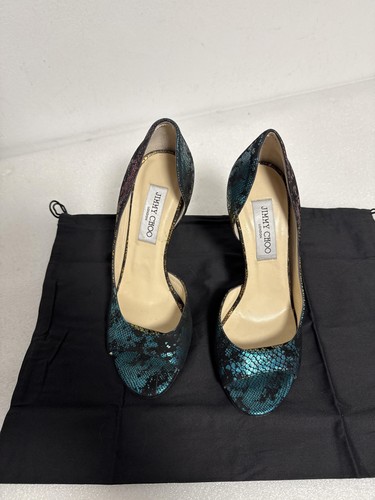 Jimmy Choo Damenschuhe Größe 37,5 Mehrfarbig Schlangenleder Peeptoe-Absätze Hergestellt in Italien