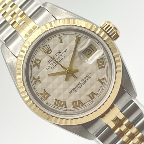 Rolex Ladies Two-Tone Datejust 69173 Stainless Steel 18K Gold Pyramid Roman Dial
