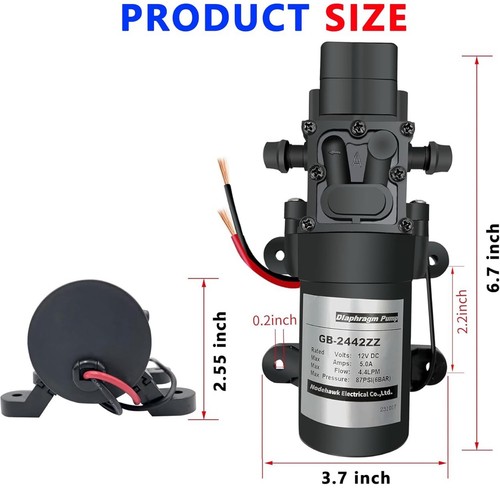 DC 12V Diaphragm Pump, Self-Priming Sprayer Pump, 1.2 GPM 87 PSI Pressure Switch - Picture 2 of 9