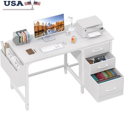 Modern Computer Desk W/ File Cabinet Stable Structure Office Study Gaming White
