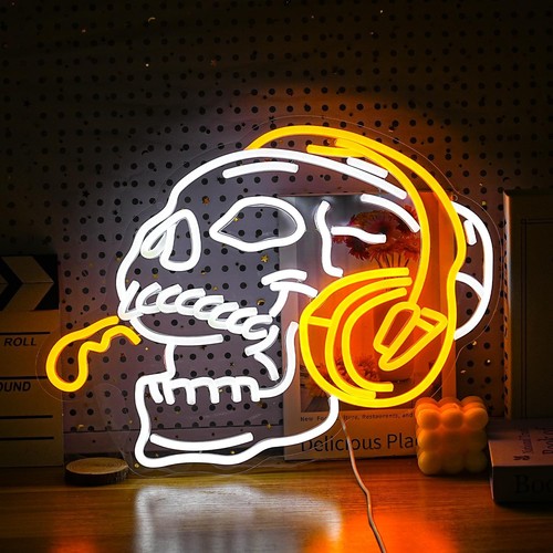 Skull Headphone Neon Sign Light for Wall Decor White Yellow 