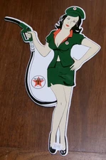 Rare TEXACO Porcelain Pinup Girl Pump Attendant Gas & Oil Enamel Sign 13" Tall