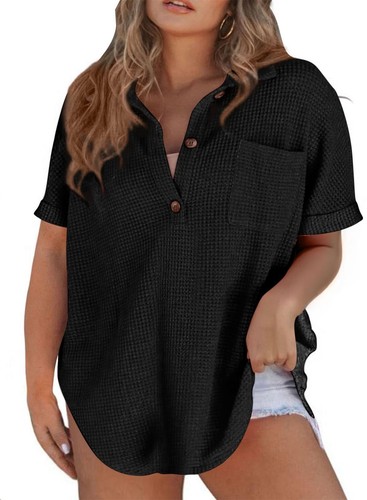 Womens Plus Size Tops Short Sleeve Henley Shirts Button Down V Neck Solid Col...