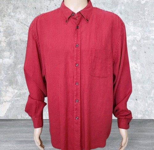 Vintage Eddie Bauer Hemd Herren XL Rot 100% Leinen Outdoor Relaxed Button-Down
