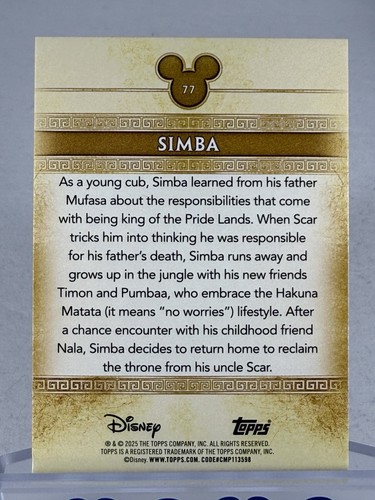 Simba 2025 NYCC Topps Disney Mint Base Refractor #77 - Picture 2 of 2