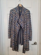 Lucky Brand Women's Cardigan L Blue Tan Aztec Western Cowboy Open Drape Pockets