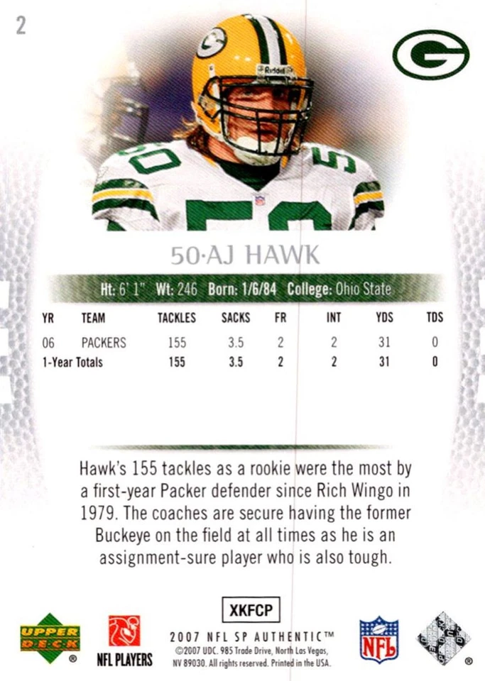 2007 SP Authentic A.J. Hawk Green Bay Packers #2 - Image 2 of 2