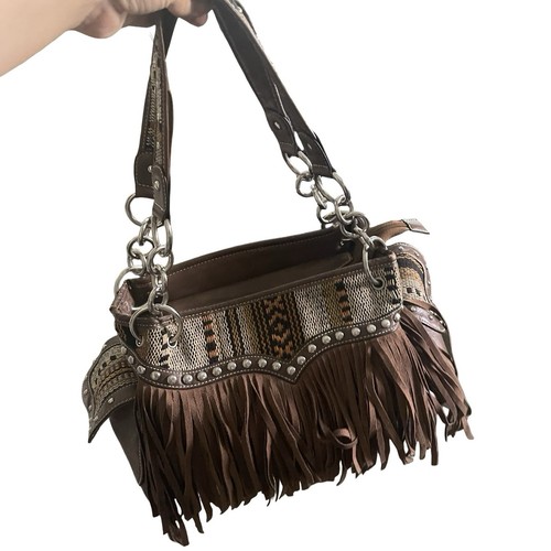 blazin roxx 2 handle purse side pockets brown blue rhinestone stud embellished - Picture 3 of 18