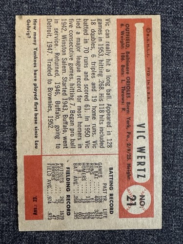 1954 BOWMAN BASEBALL CARD #24 VIC WERTZ BALTIMORE ORIOLES  EXMT - Picture 2 of 2